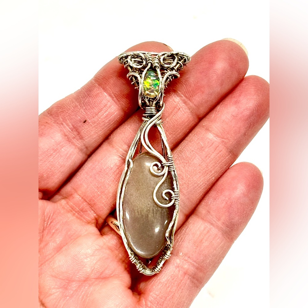 HAND CRAFTED Gray Moonstone Ethiopian Opal Wire Wrapped Silver Filled Necklace